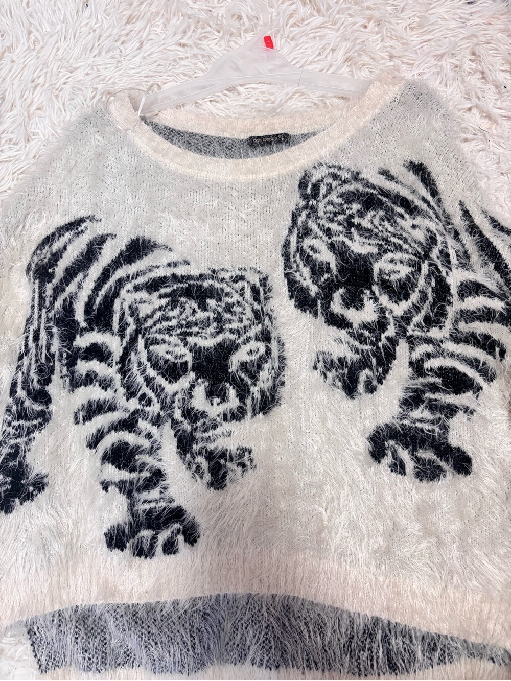 Fuzzy White Tiger-Print Sweater - Women